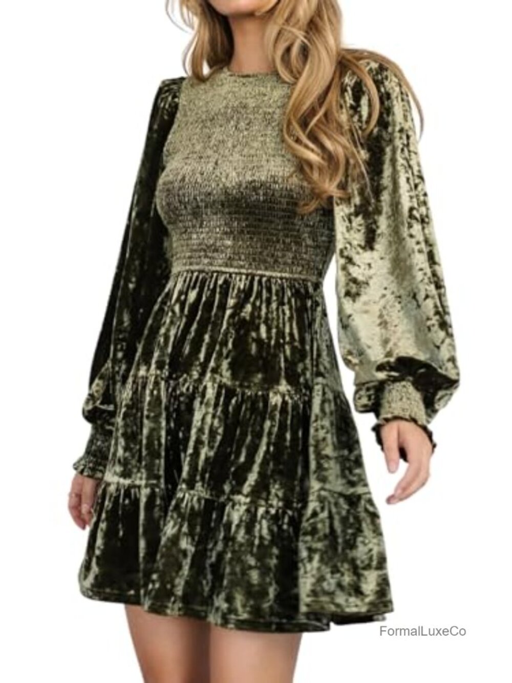 Women's Crushed Velvet Dress Long Sleeve Crew Neck Tiered Ruffle Mini